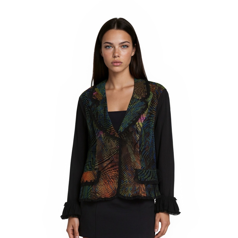 Alberto Makali Blazer Women's Medium Multicolor Abstract Ruffle Jacket Mesh Trim